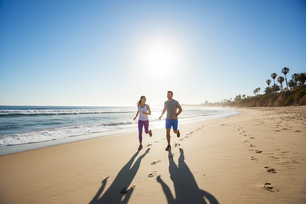 zoomed out image of healthy couple running on the beach